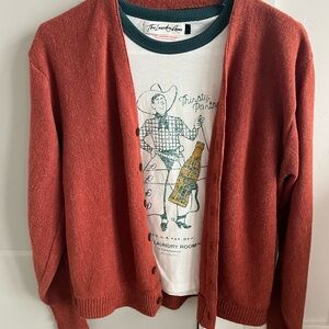 vintage cardigan graphic t shirt duo. pine state cardigan rust color medium